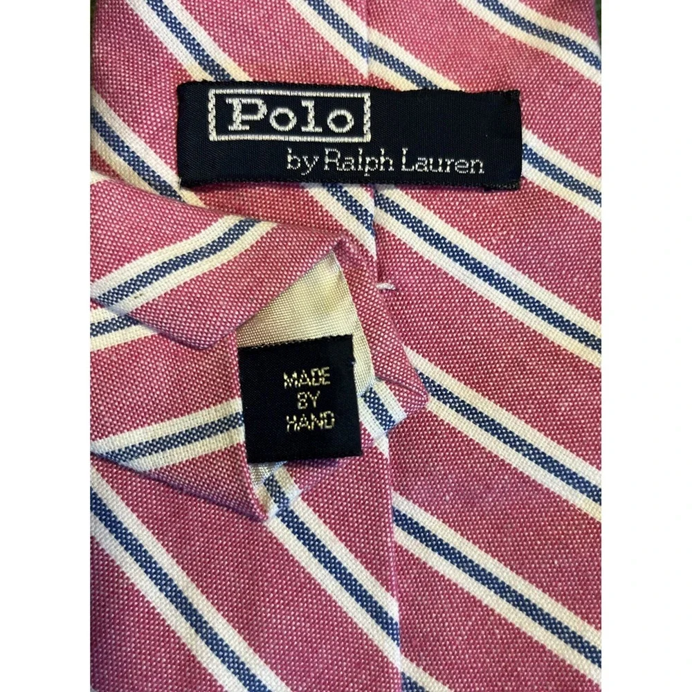 Polo Ralph Lauren Pink & Blue Striped Imported Cotton Tie Vintage 80's Pony Logo - Picture 3 of 4